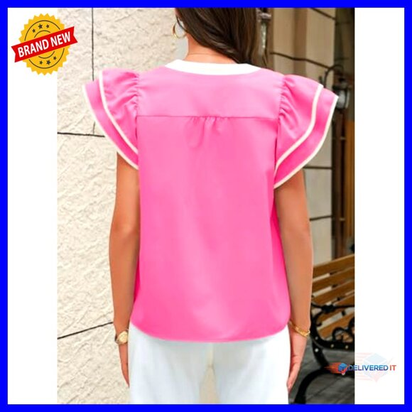 Ruffle Color Block Blouse Floral Print V Neck Pleated Loose Fit Summer Top - Picture 6 of 7